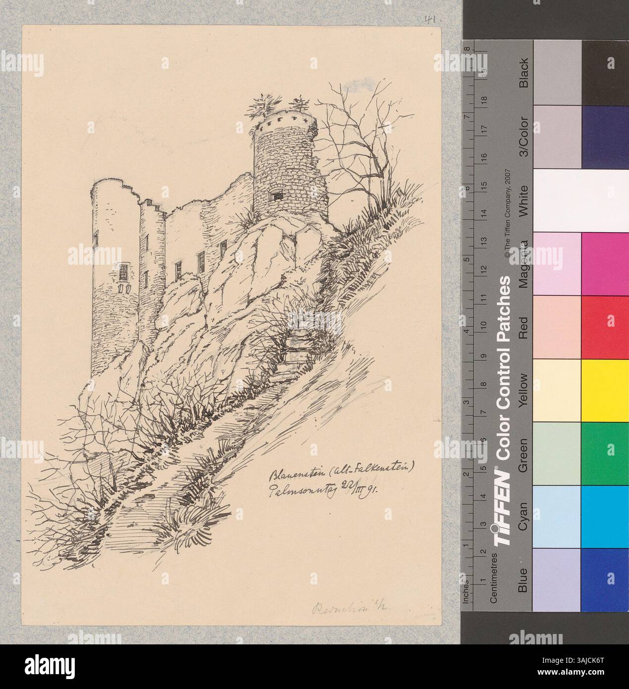 Diese 1891 von Johann Rudolf Rahn gefertigte Illustration zeigt die Außenansicht des Schlosses Alt-Falkenstein in Balsthal, Schweiz, und hebt dessen historische und architektonische Besonderheiten hervor. Stockfoto