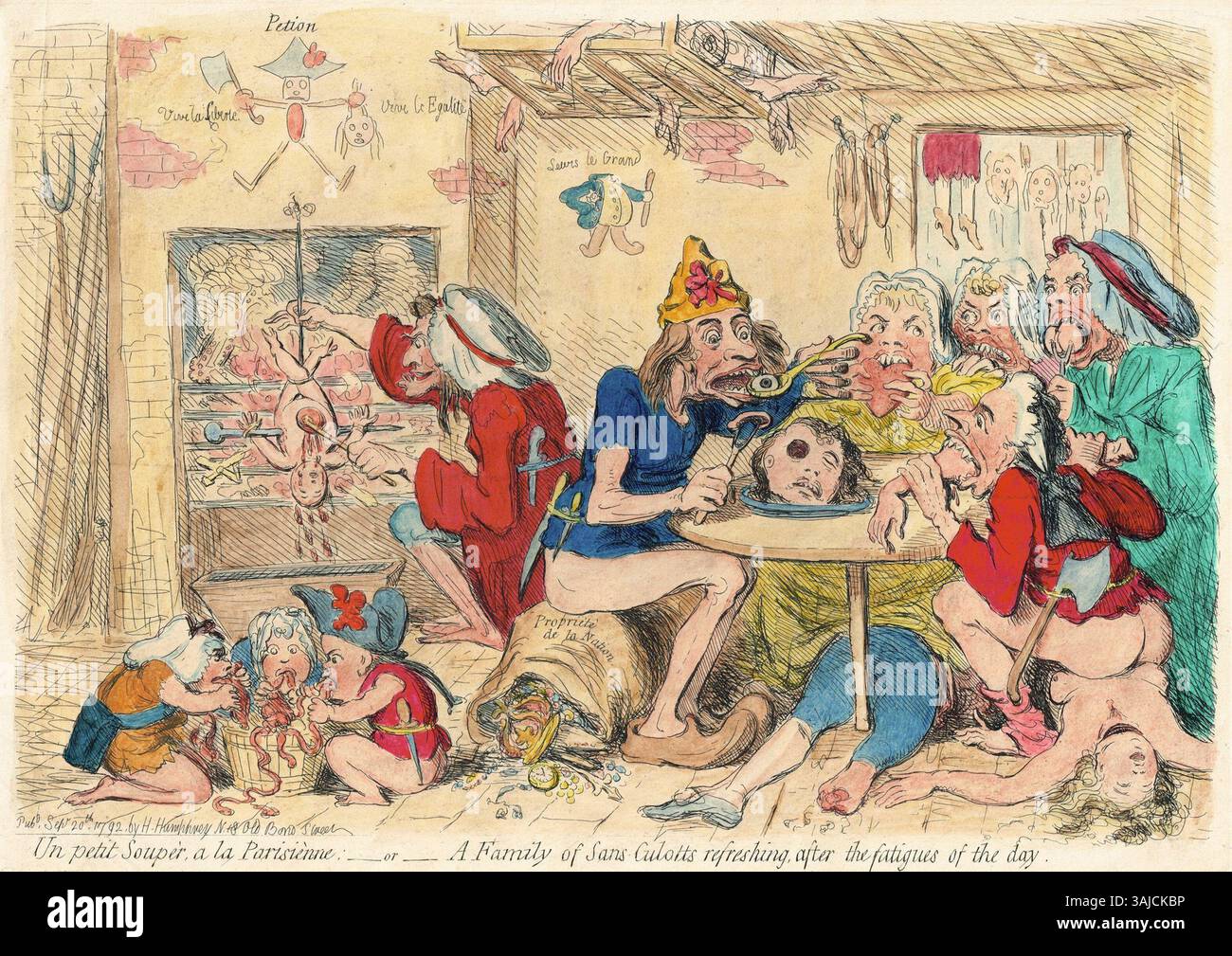 „UN petit souper à la parisienne“ von James Gillray vom 20. September 1792 ist eine Karikatur einer Pariser Familie von Sans-Culottes. Die handkolorierte Ätzung stellt die Familie nach einem langen Tag revolutionärer Aktivitäten humorvoll dar. Stockfoto
