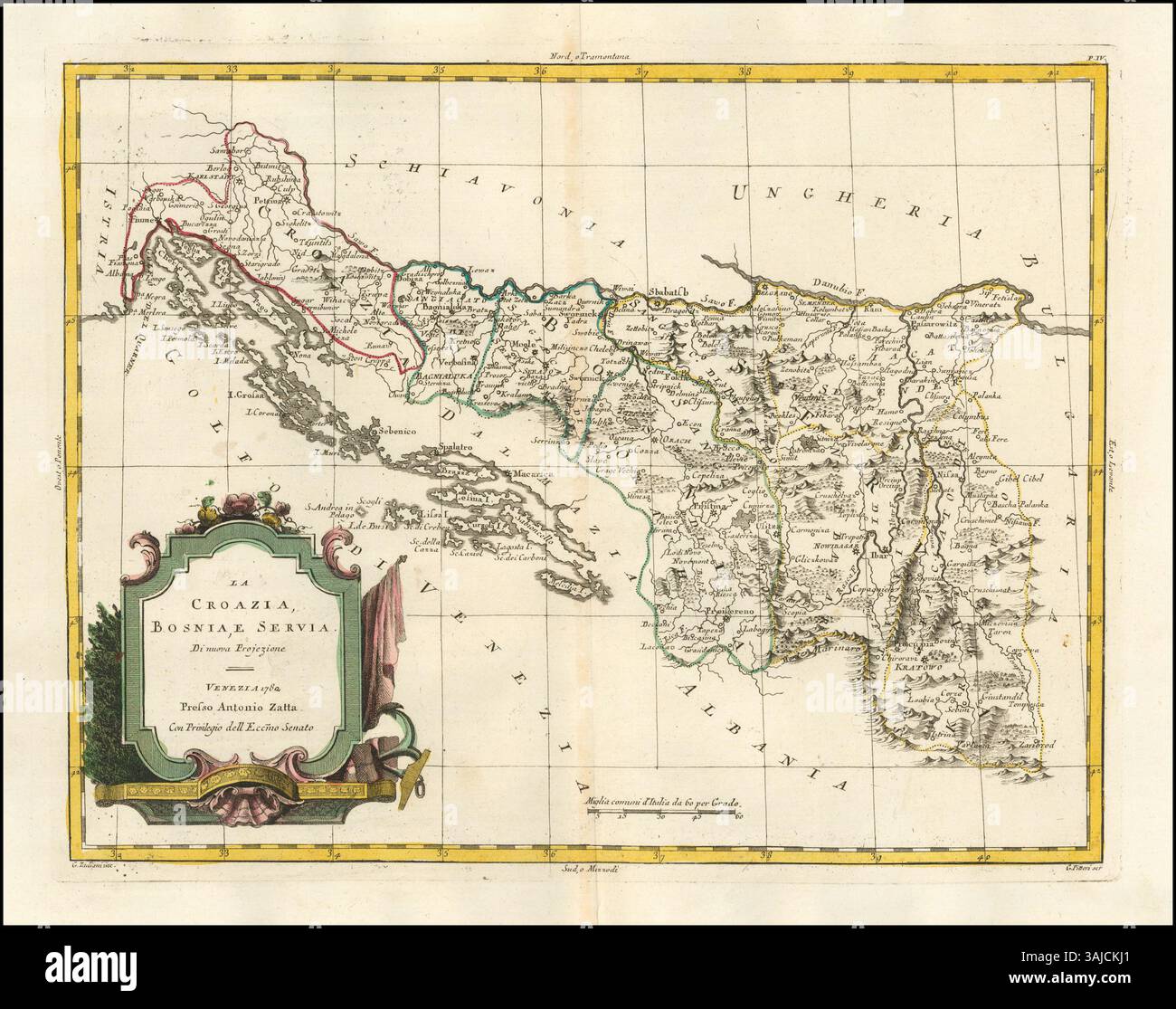 Antonio Zattas Karte von 1782 zeigt eine neue Projektion Kroatiens, Bosniens und Serbiens und zeigt deren geografisches Layout und Grenzen im späten 18. Jahrhundert. Es handelt sich um eine detaillierte Regionalkarte Südosteuropas. Stockfoto