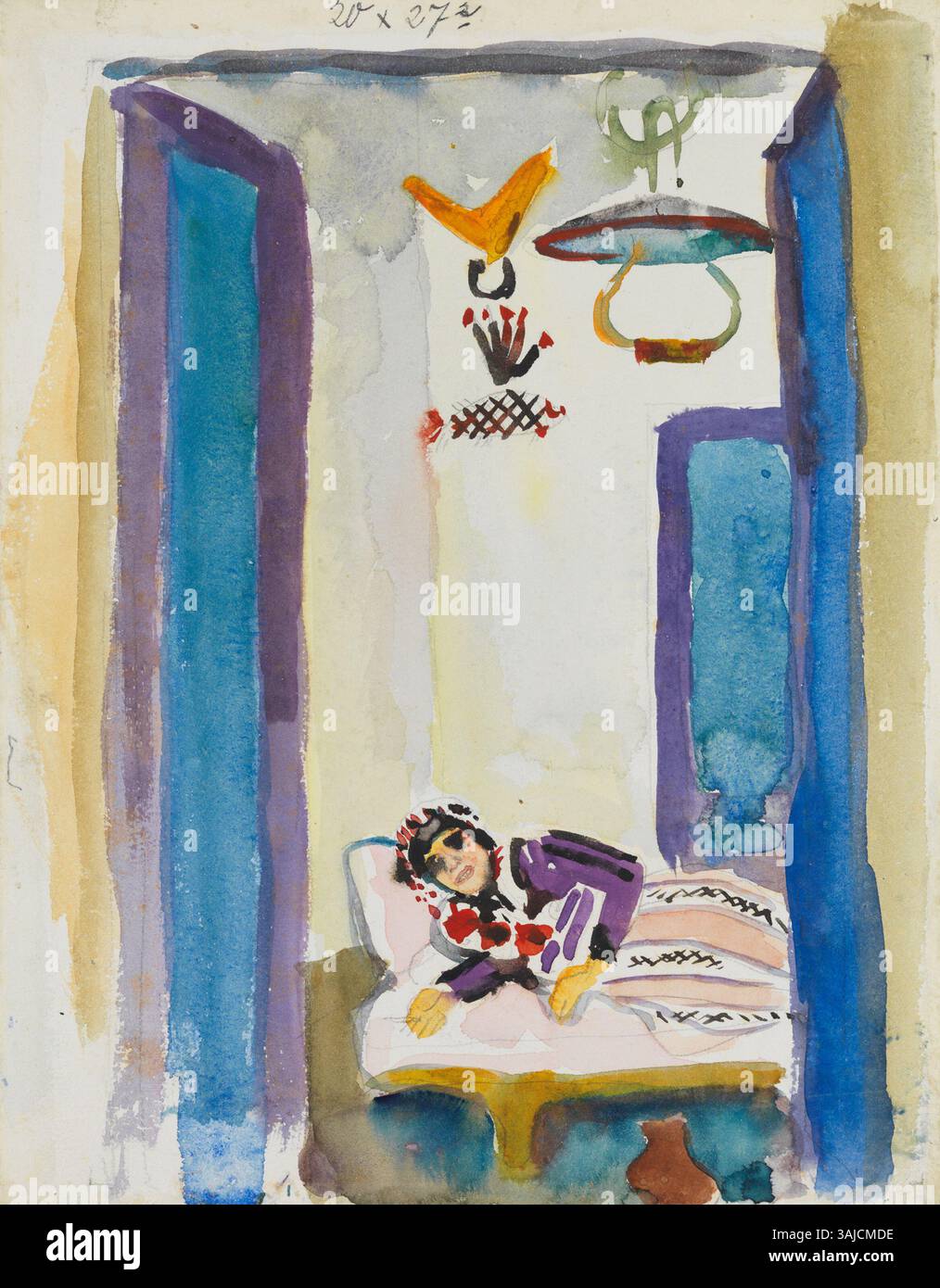 August Mackes „Woman on a Divan“ (1914) ist ein Aquarellgemälde, das eine zurückliegende Frau darstellt, die fließende Linien und eine kräftige Farbgebung betont. Sie befindet sich im Thyssen-Bornemisza-Museum. Stockfoto