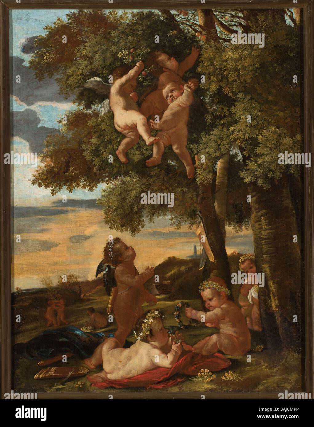 Dieses Gemälde aus dem 17. Jahrhundert, das zwischen 1630 und 1633 von Nicolas Poussin geschaffen wurde, zeigt verspielte Kuppiden in einer mythologischen Umgebung. Das Öl auf Leinwand verkörpert klassische Themen und lebhafte Farben, die für Poussins Stil typisch sind. Stockfoto