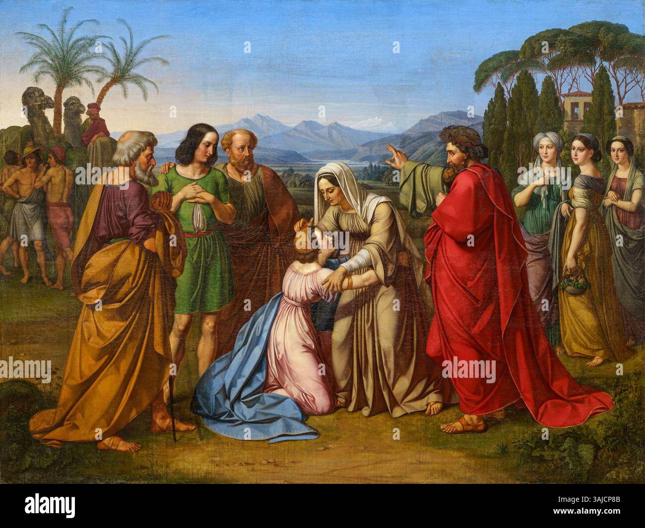 Das um 1820 entstandene deutsche Gemälde „Abschied Hagars“ zeigt Hagars Abreise, gemalt im Stil der Nazarener. Das Öl-auf-Leinwand-Stück misst 107 x 142 cm und spiegelt emotionale Geschichten in der religiösen Kunst wider. Stockfoto