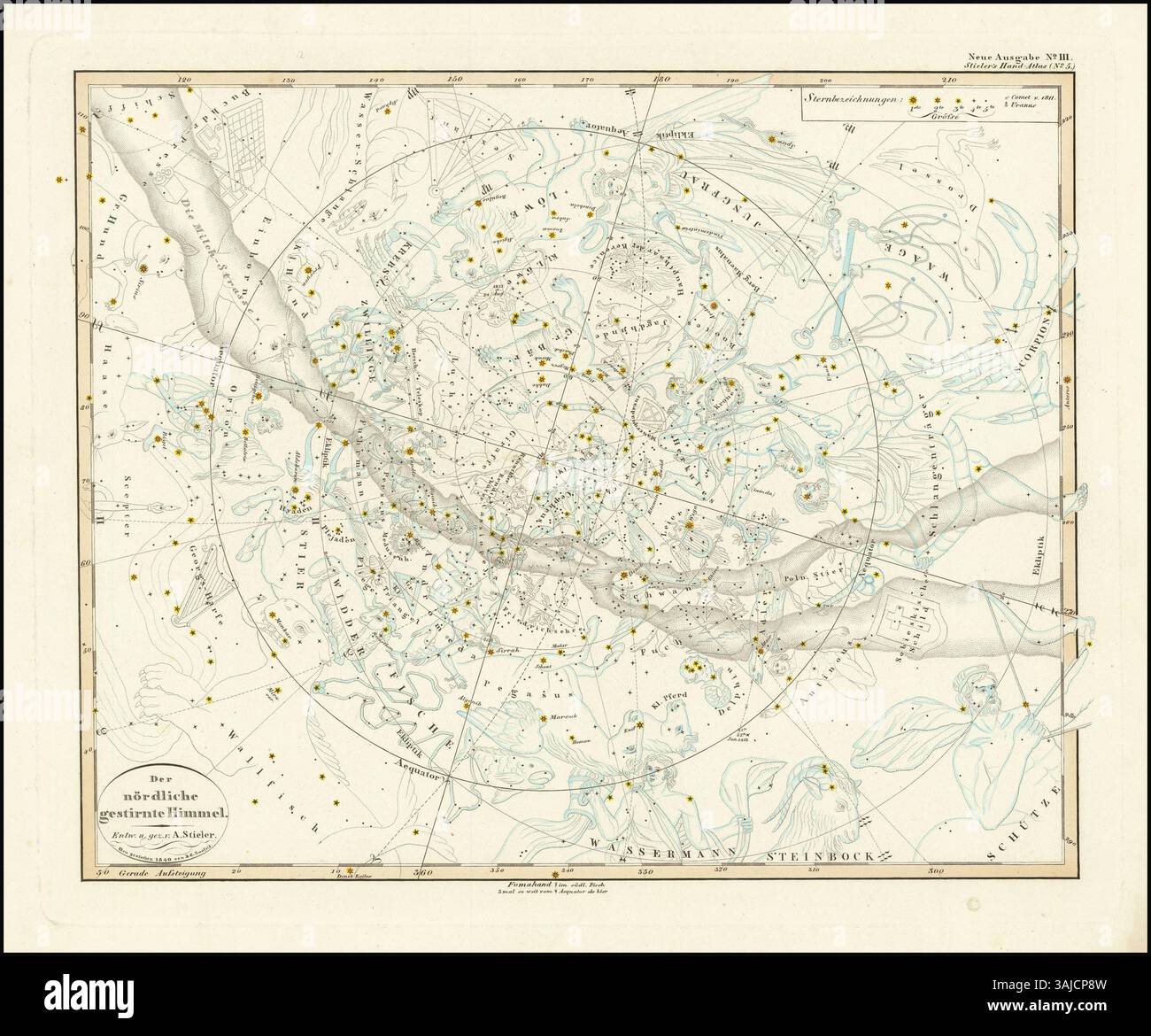 Adolf Stielers Himmelskarte der nördlichen Hemisphäre von 1840 zeigt Sternpositionen und bemerkenswerte astronomische Phänomene, einschließlich der Flugbahn des Großen Kometen von 1811 und des Entdeckungspunktes des Uranus durch William Herschel im Jahr 1781. Stockfoto