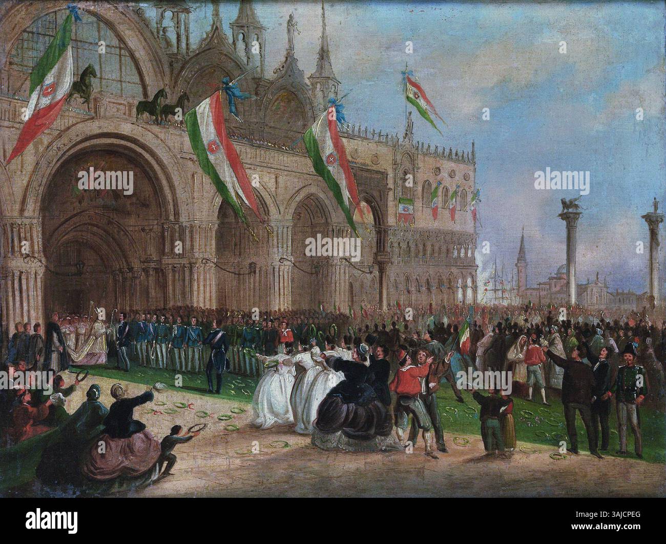 Dieses Gemälde eines anonymen Künstlers aus dem Jahr 1866 zeigt die Ankunft von König Vittorio Emanuele in Venedig, wo er vom Patriarchen vor dem Markusdom begrüßt wird und einen wichtigen historischen Moment festnimmt. Stockfoto