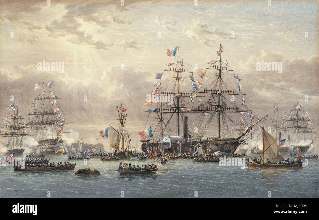 Das Aquarell von William Joy aus dem Jahr 1844 zeigt die Entrindung von König Louis Philippe von Frankreich in Portsmouth, England. Es zeigt den Moment, als der König an Bord des Segeldampfers Gomer ankam, der von Prinz Albert und dem Duke of Wellington begrüßt wurde, was einen historischen Besuch der königlichen Königin Victoria markiert. Stockfoto