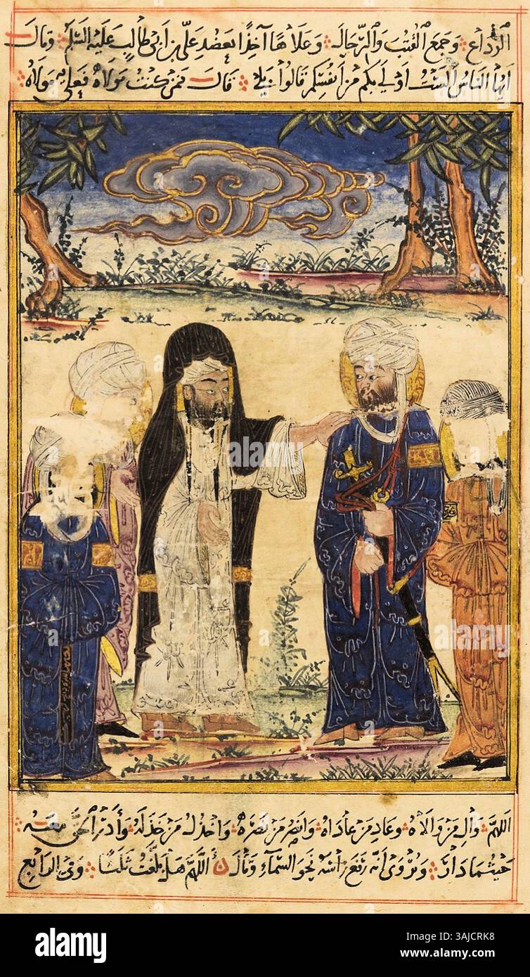 Eine Miniatur aus dem 14. Jahrhundert aus der „Chronologie der alten Nationen“, f.162r, die wichtige antike Ereignisse und Figuren darstellt und mittelalterliche Techniken der Manuskriptbeleuchtung und historischen Aufzeichnung zeigt. Stockfoto