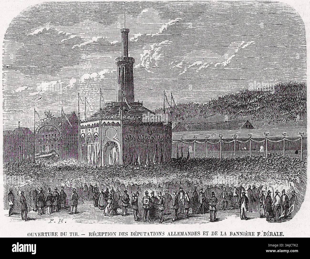 Eine föderale Schießerei 1863 in Chaux-de-Fonds, die im Magazin L'Illustration vorgestellt wurde und wichtige Momente der Veranstaltung zeigt. Stockfoto