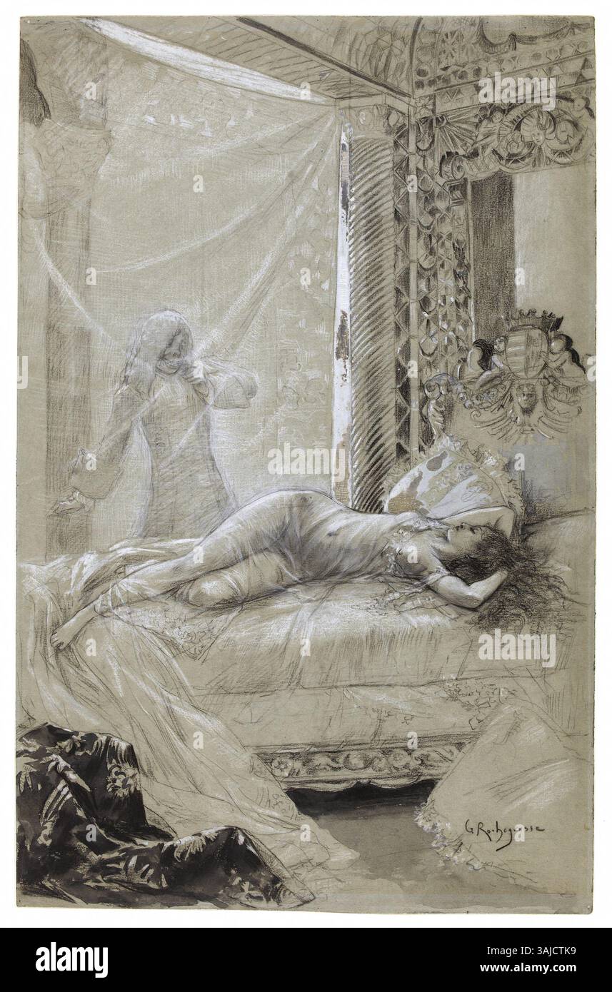 Georges-Antoine Rochegrosses Zeichnung „Josiane dans Son alcôve“ aus dem Jahr 1886 zeigt die Figur Josiane aus Victor Hugos „L’Homme qui rit“ in einer privaten, intimen Umgebung. Die Zeichnung fängt die Anmut der Figur und die emotionale Tiefe in ihrem Moment der Einsamkeit ein. Stockfoto