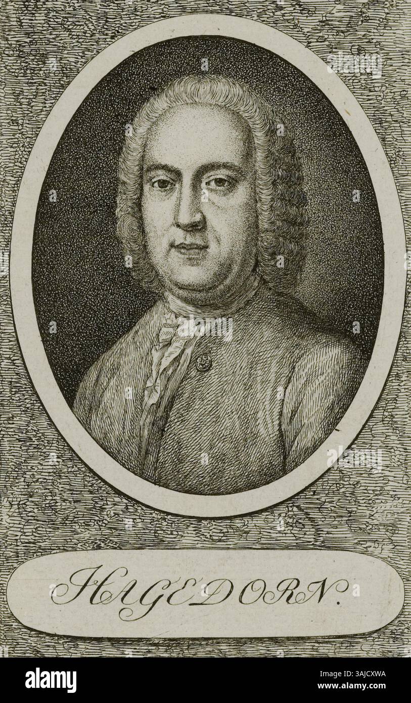 Ein weiteres Porträt von Friedrich Hagedorn, das 1789 von Heinrich Pfenninger geschaffen wurde. Dieser Kupferstich ist in der Staats- und Universitätsbibliothek Hamburg untergebracht. Stockfoto