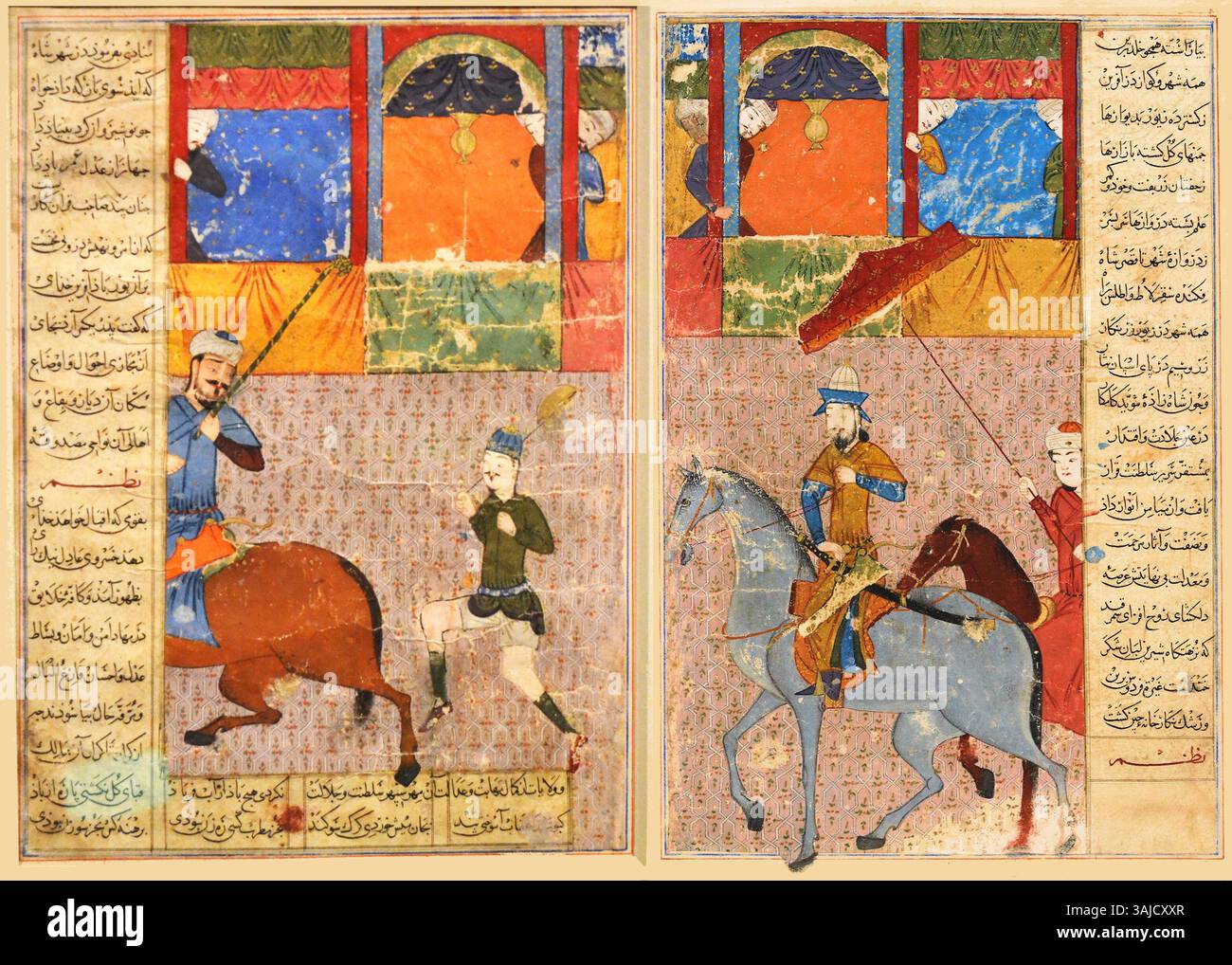 Dieses Gemälde aus dem Jahr 1436 aus der „Zafarnama“ zeigt den großen Eingang des Timuriden-Herrschers Shah Rukh in Samarkand, nachdem er von Timur zum Gouverneur ernannt wurde. Die Szene ist in zwei Manuskriptfolios detailliert dargestellt und fängt den Moment der politischen Nachfolge ein. Stockfoto