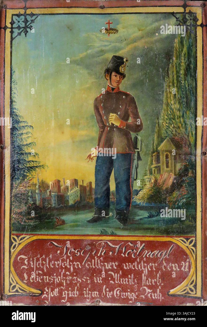 Ein Gedenkporträt von Joseph Hörtnagl, einem Zimmermannssohn, als Kavallerie dargestellt, das an seinen Tod im Alter von 21 Jahren im Jahr 1853 erinnert. Mit Öl auf Metall lackiert. Stockfoto