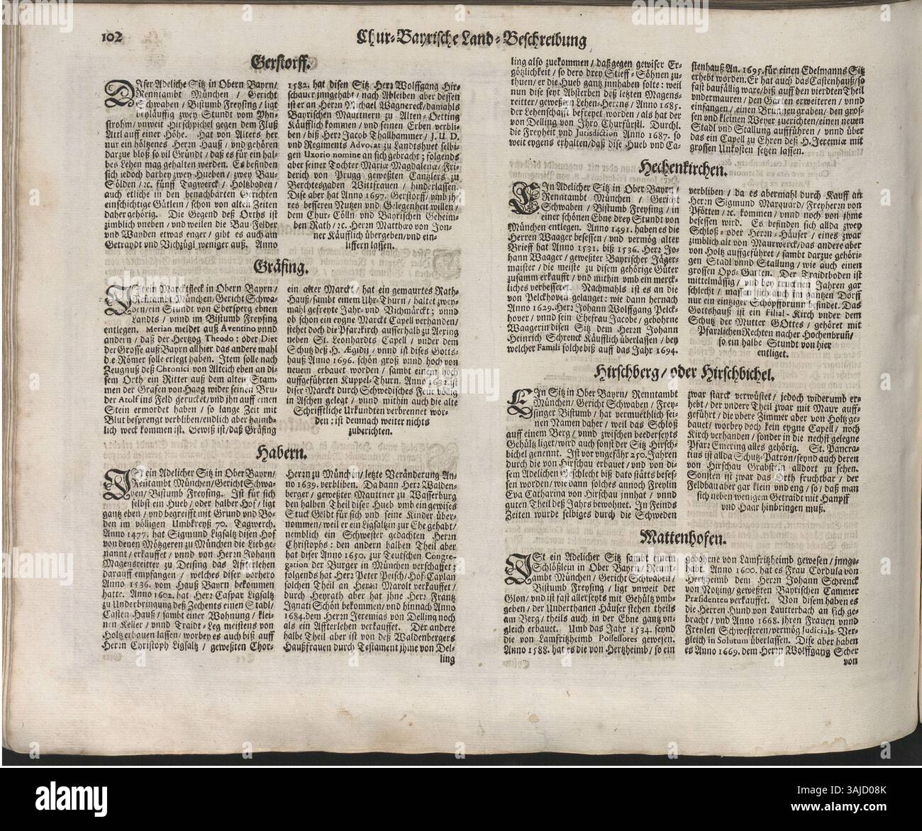 Die von Michael Wening (1645–1718) erstellte Karte bietet einen topografischen Überblick über Ober- und Niederbayern, insbesondere über die Regionen München und Burgkhausen. Sie dokumentiert die geographischen und administrativen Unterteilungen, einschließlich der Städte, Märkte und Klöster, sowie die natürlichen Ressourcen und wirtschaftlichen Aktivitäten in der Region. Stockfoto