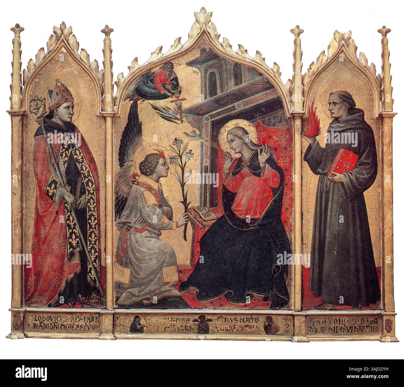 Dieses 1435 von Giovanni dal Ponte geschaffene Tempera-Triptychon mit dem Titel „Verkündigung“ zeigt die Verkündigungsszene zusammen mit den Heiligen Ludovico da Tolosa und Antonio di Padova. Sie wird in den Vatikanischen Museen abgehalten und ist ein Beispiel für religiöse Kunst der Frührenaissance. Stockfoto