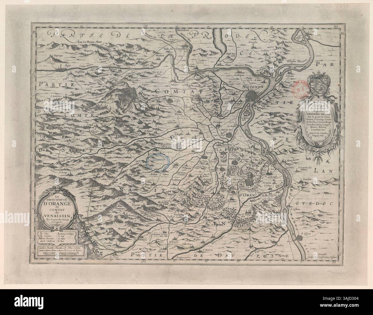 Diese 1627 erstellte Karte zeigt die südliche Region Frankreichs mit dem Fürstentum Orange und dem Comtat Venaissin. Der Norden befindet sich am unteren Rand der Karte und zeigt geografische Grenzen und Gebiete in der Region an. Stockfoto