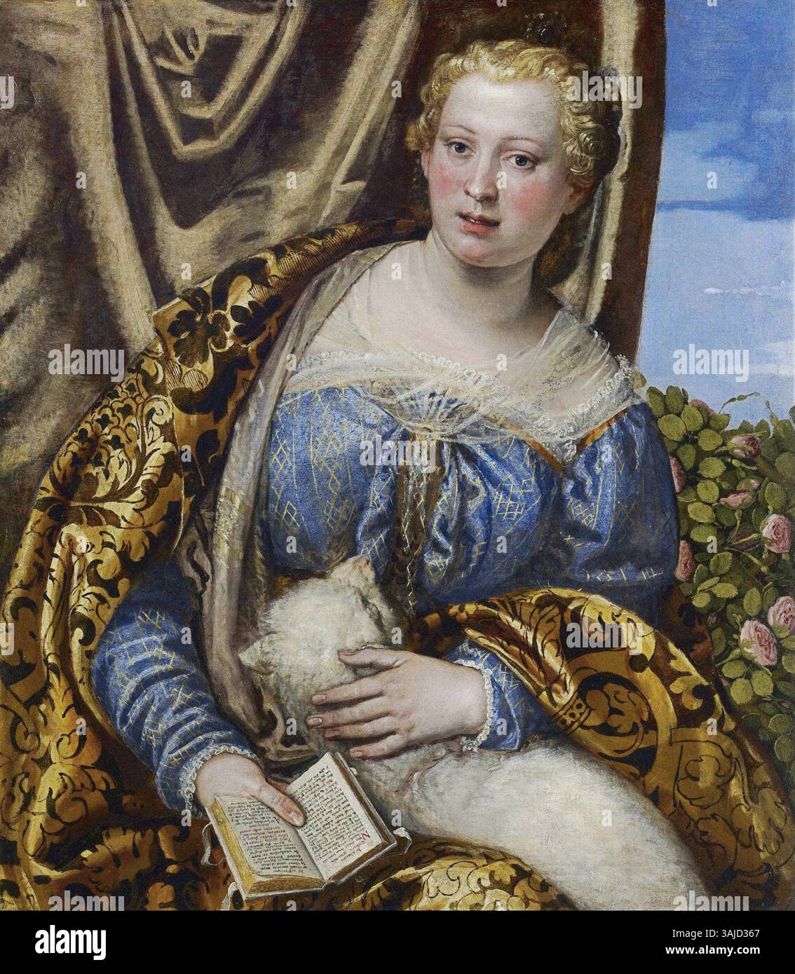 Paolo Veroneses Portrait of a Lady as Saint Agnes (1580er Jahre) stellt eine Frau dar, die als Saint Agnes gekleidet ist, eine christliche Märtyrerin. Das Öl auf Leinwand, das im Museum of Fine Arts in Houston untergebracht ist, zeigt Veroneses Talent, religiöse und Porträtthemen mit satten Farben und Kompositionen zu verbinden. Stockfoto