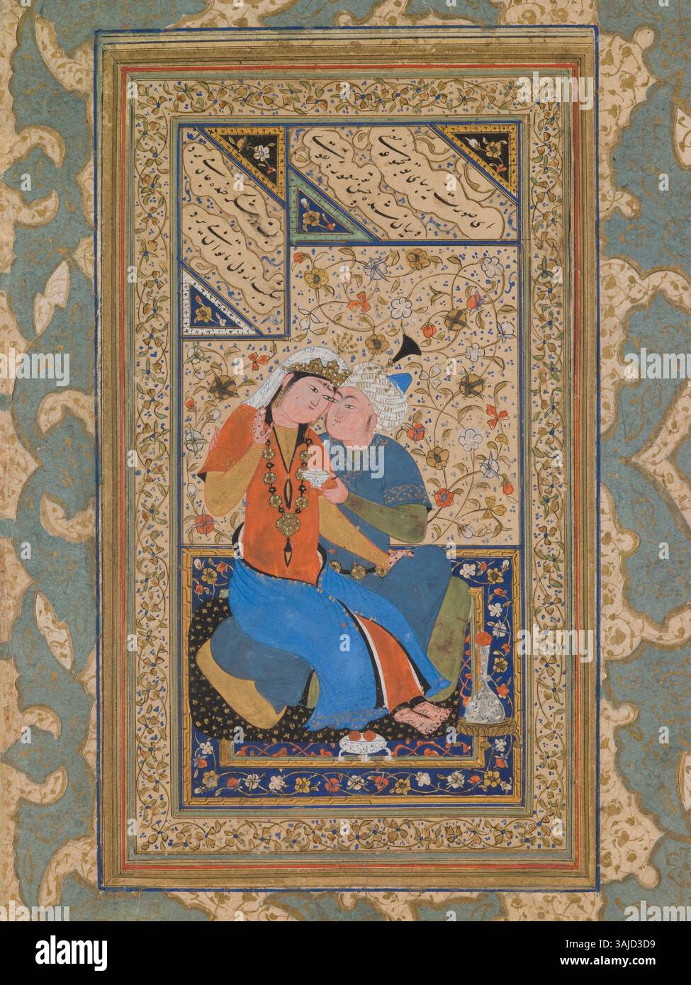 Eine abgeschnittene Version eines Kunstwerks aus dem 17. Jahrhundert, das ein Paar in liebevoller Unterhaltung darstellt, mit Tinte, Gouache und Gold auf Papier. Das Stück fängt die empfindliche emotionale Verbindung zwischen den Figuren ein. Stockfoto