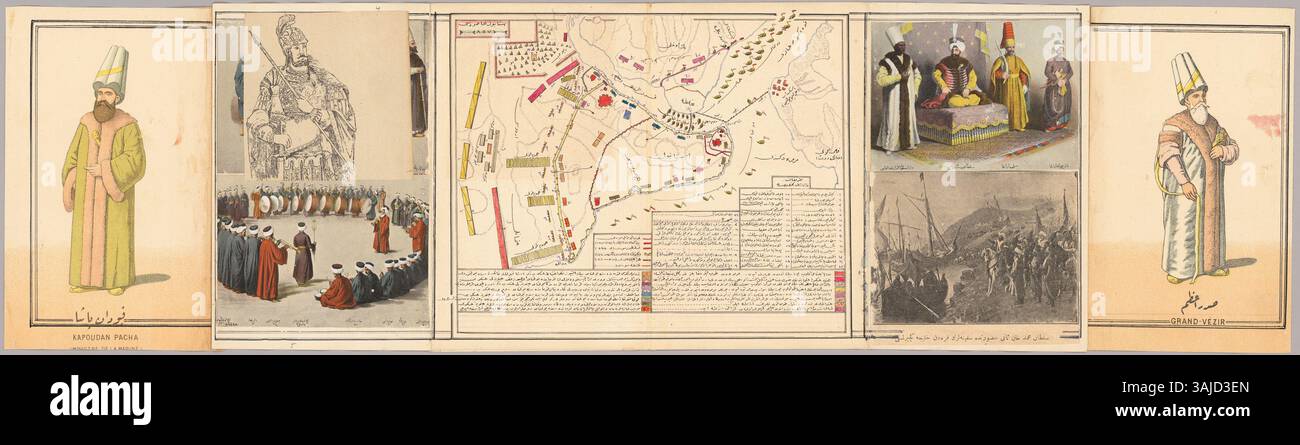 Das Osmanische Manuskript World Encyclopedia, erstellt von Abdürrâhim Hilmi Bey, hebt Mekka als Zentrum der Welt hervor. Mit mehr als 580 Seiten sorgfältig geschriebenem osmanischen Text, 380 Manuskriptkarten und 225 Drucke aus historischen Büchern stellt das Werk beispielhaft für exquisite Handwerkskunst dar und verbindet künstlerische Karten und historische Quellen in einer einzigartigen Sammlung. Stockfoto