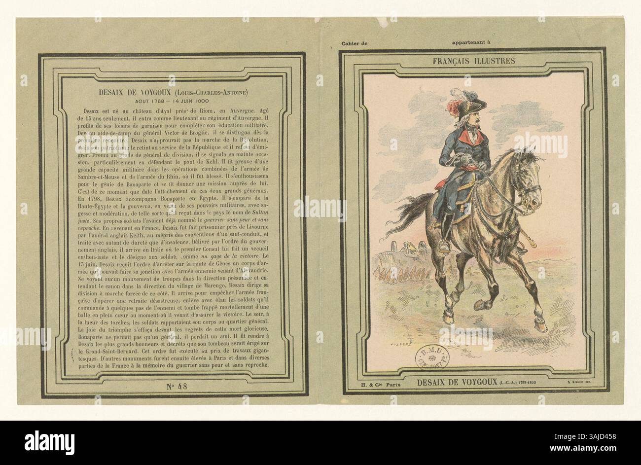 Dieser Druck zeigt Louis-Charles-Antoine Desaix, einen berühmten französischen General, der für seine Rolle in den Unabhängigkeitskriegen und seinen Tod 1800 bekannt ist. Stockfoto