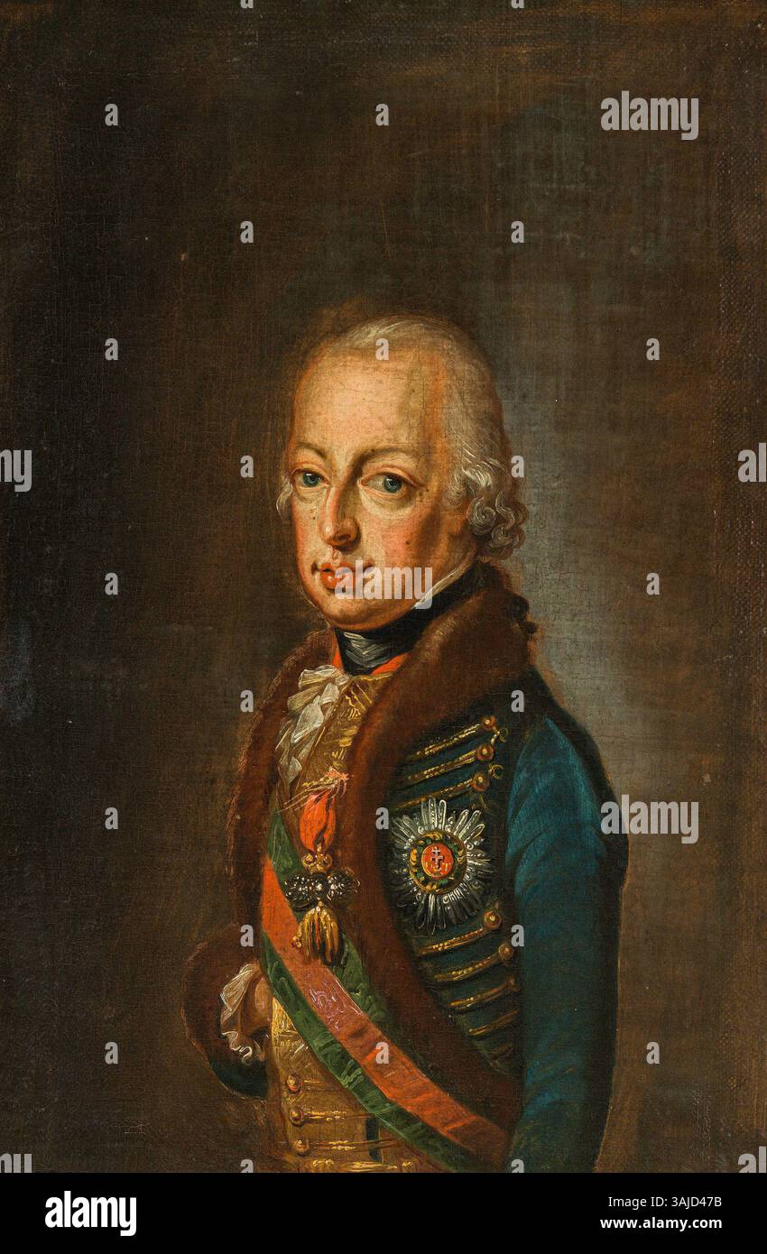 Dieses Porträt zeigt Erzherzog Joseph, Pfalz von Ungarn, gemalt um 1790. Erzherzog Joseph, Sohn von Kaiser Leopold II., ist in Öl auf Leinwand detailliert dargestellt. Stockfoto