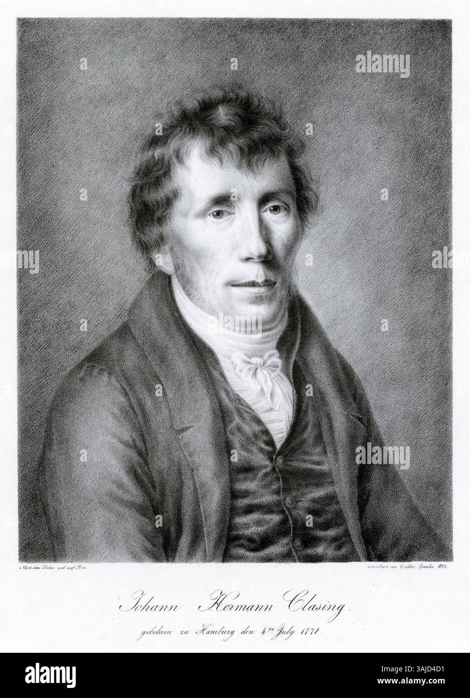 Die 1825 erschienene Lithographie von Günther Gensler zeigt Johann Heinrich Clasing. Sie ist Teil der Hamburger Staats- und Universitätsbibliothek Carl von Ossietzky, die ein Beispiel für lithographische Porträts aus dem frühen 19. Jahrhundert darstellt. Stockfoto