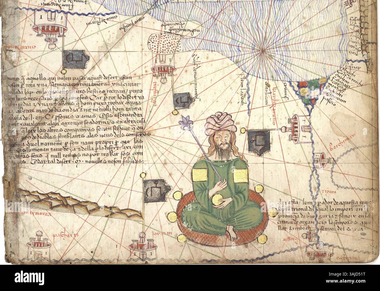 Die Goldene Horde ist im katalanischen Atlas von 1375 dargestellt, einer mittelalterlichen Weltkarte. Das von Cresques Abraham geschaffene Gebäude zeigt die große Reichweite und historische Bedeutung der Goldenen Horde im 14. Jahrhundert. Stockfoto