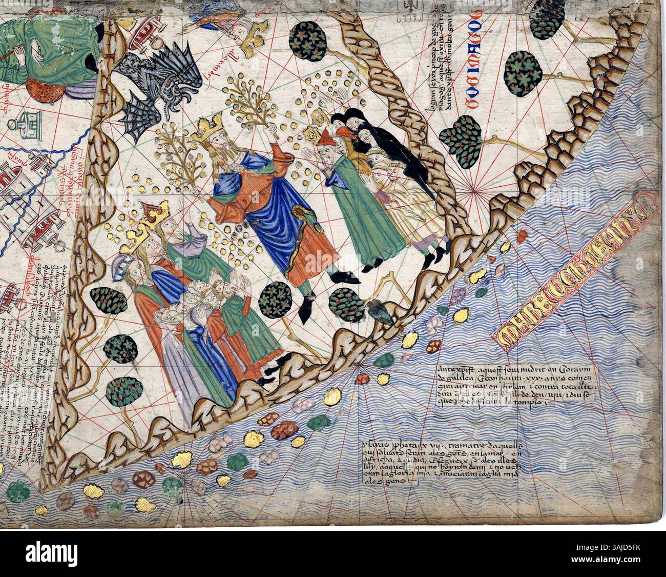 Das Bild des Antichristen, wie es 1375 im katalanischen Atlas von Cresques Abraham dargestellt wurde. Diese Illustration spiegelt mittelalterliche europäische apokalyptische Ansichten und religiöse Ikonographie wider. Stockfoto