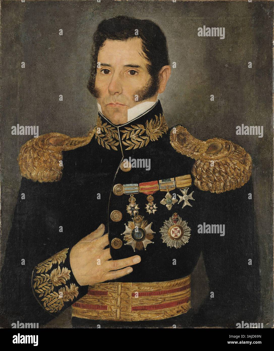 Dieses Gemälde zeigt General Bento Goncalves da Silva, den Führer der Farroupilha-Revolution, die zwischen 1840 und 1847 geschaffen wurde. Das Öl auf Leinwand stellt ihn als eine prominente Figur in der brasilianischen Geschichte des 19. Jahrhunderts dar und unterstreicht seine Rolle im Konflikt um die brasilianische Unabhängigkeit. Stockfoto