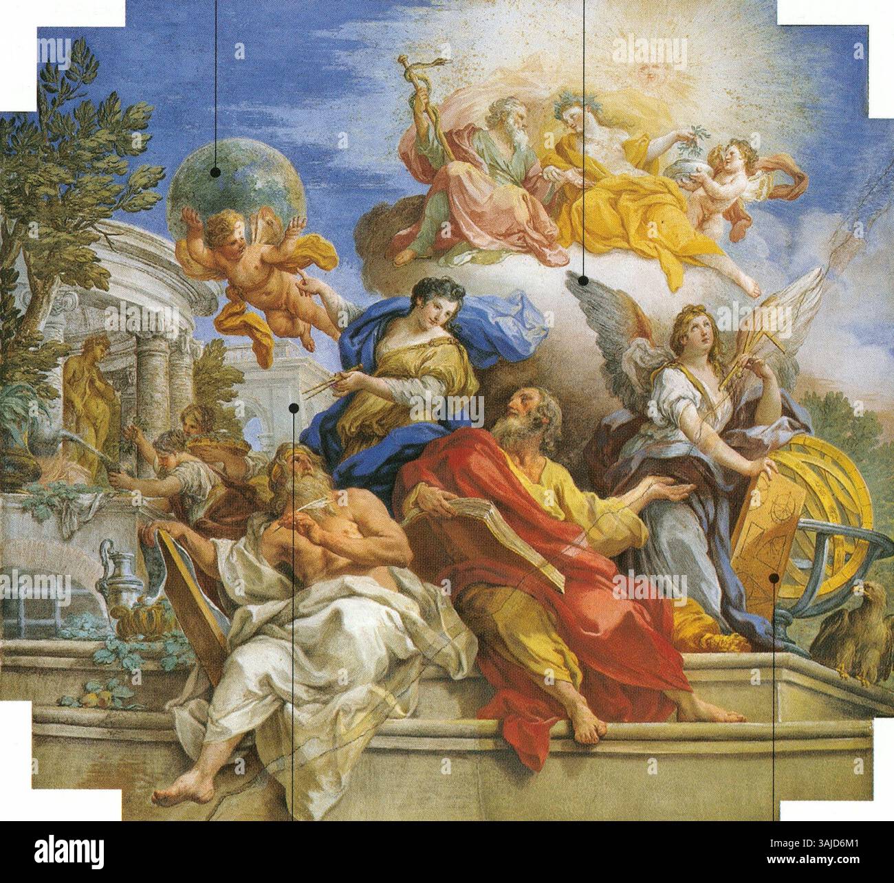 Sebastiano Concas Gemälde Allegorie der Wissenschaft aus dem 18. Jahrhundert entstand in der ersten Hälfte des 18. Jahrhunderts und ist im Palazzo Corsini untergebracht. Es symbolisiert das Thema Wissenschaft und Wissen durch allegorische Darstellung. Stockfoto