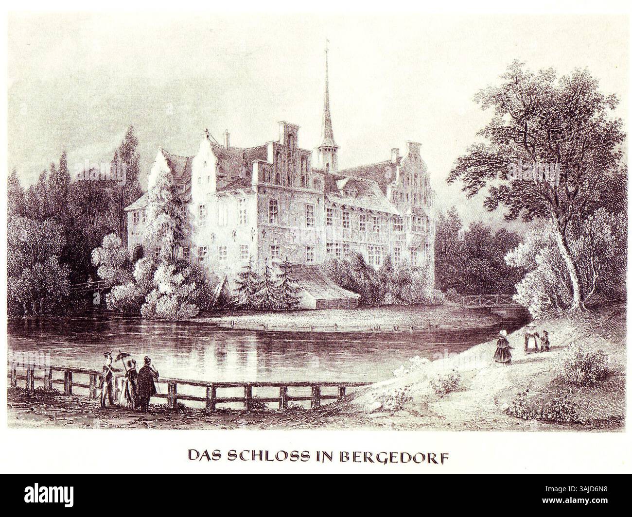 Carl Martin Laeisz’ Zeichnung der Burg Bergedorf aus den 1850er Jahren zeigt einen detaillierten Blick auf diese historische Stätte. Das Kunstwerk beleuchtet die architektonischen Merkmale des Schlosses und seinen Platz in der lokalen Geschichte und bietet einen Einblick in das kulturelle Erbe der Region. Stockfoto