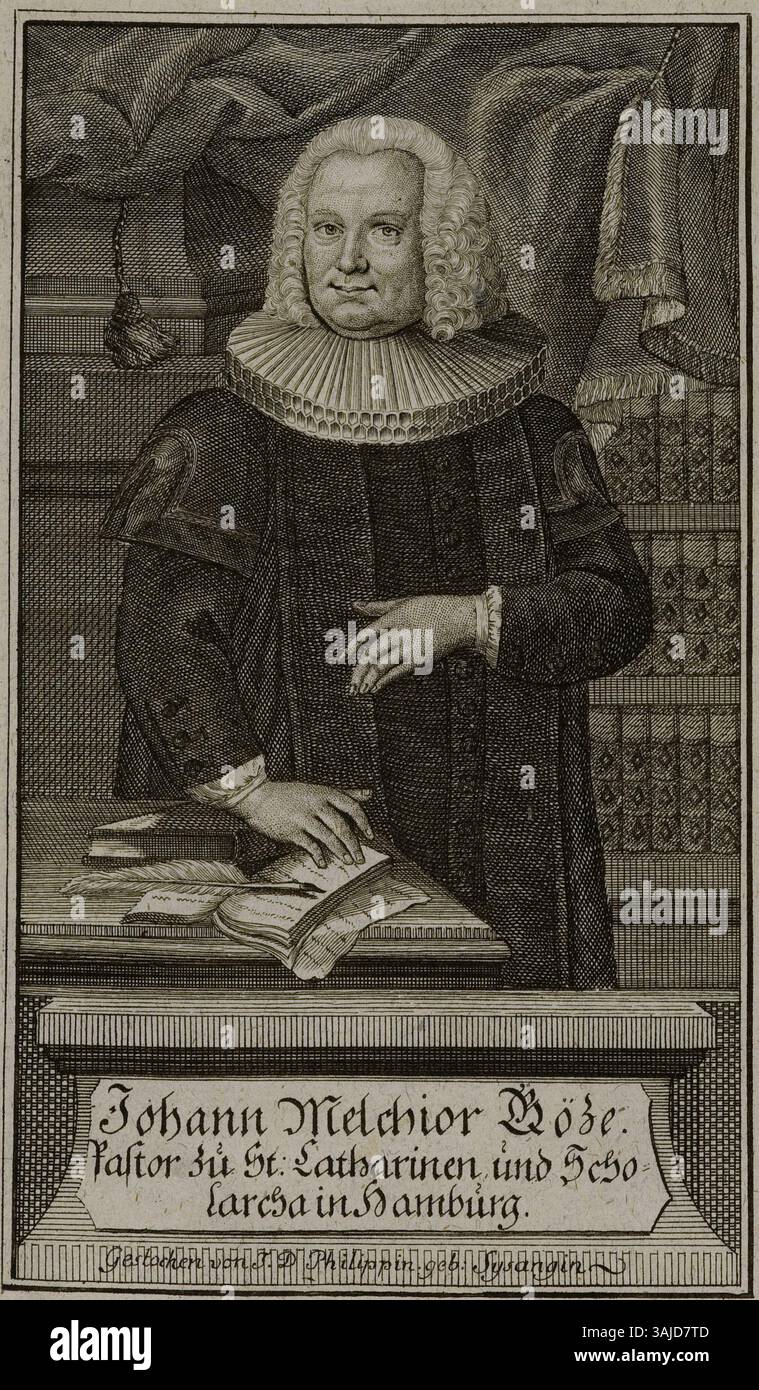 Kupferstich von Johann Melchior Goeze von Johanna Dorothea Philipp, Teil der Sammlung der Staats- und Universitätsbibliothek Hamburg, Carl von Ossietzky. Das Porträt erfasst Goeze mit detailreicher Präzision. Stockfoto