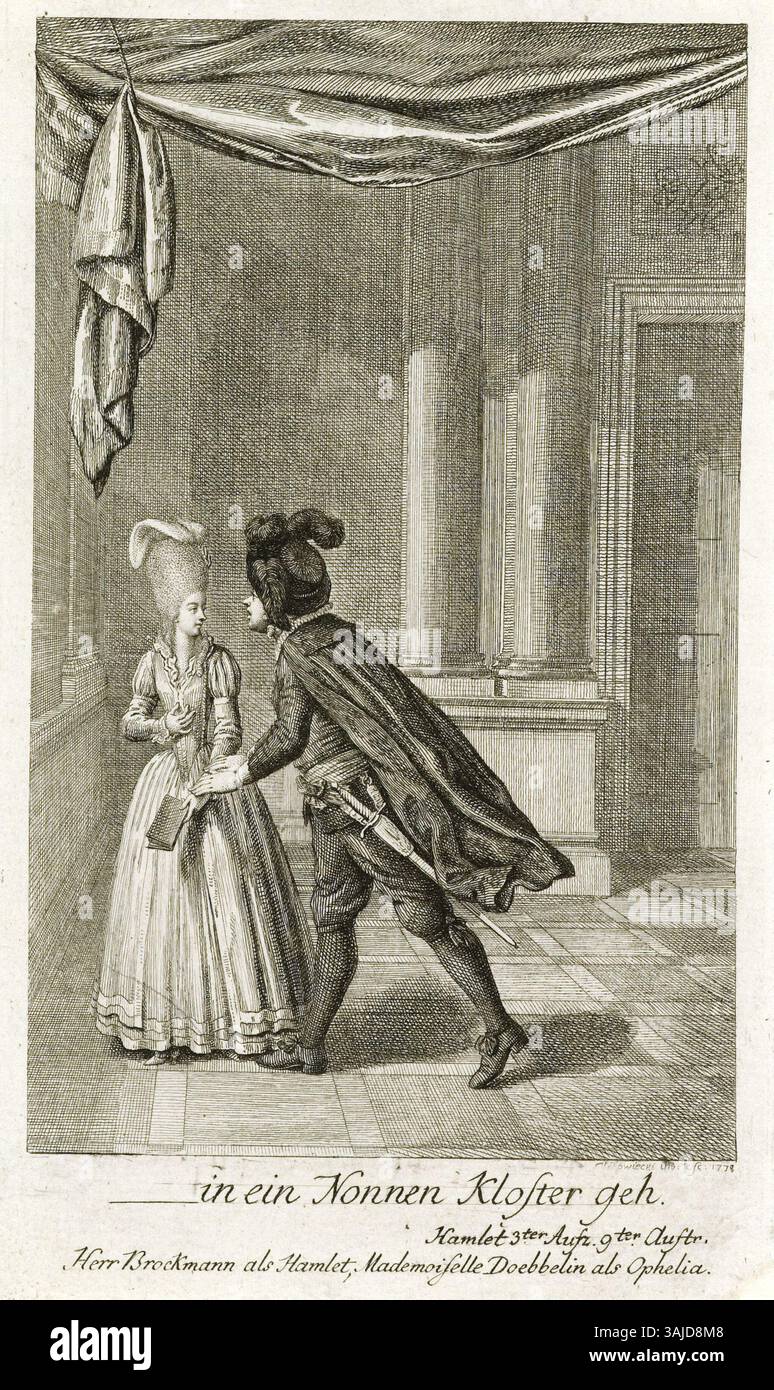 Das Porträt von Daniel Chodowiecki aus dem Jahr 1778 zeigt Caroline Maximiliane Döbbelin und Johann Franz Hieronymus Brockmann, zwei Schlüsselfiguren des 18. Jahrhunderts, die ihren sozialen und kulturellen Status durch einen Kupferstich unterstreichen. Stockfoto