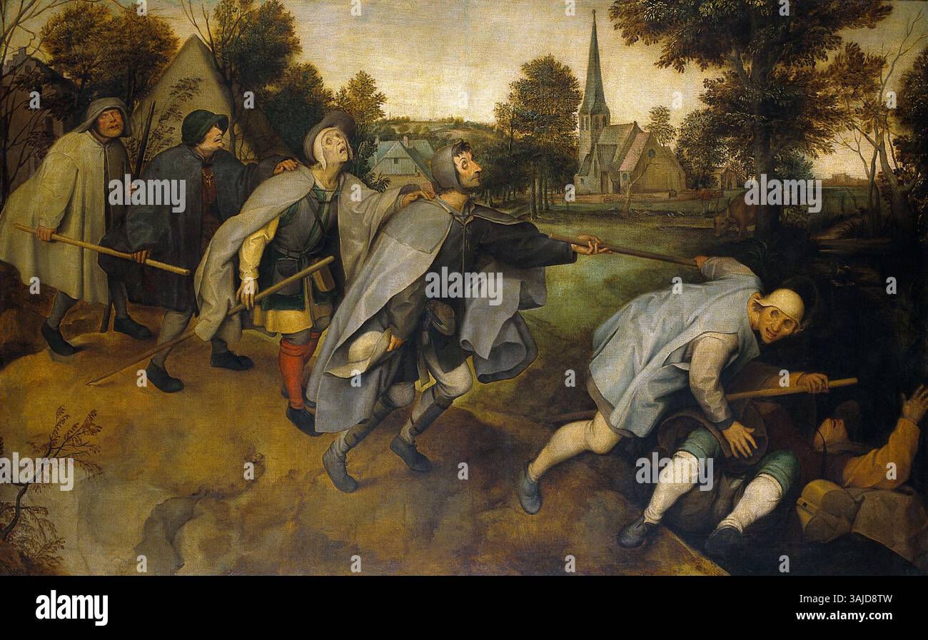 Dieses Ölgemälde nach dem berühmten Werk von Pieter Bruegel dem Älteren zeigt den Blinden, der den Blinden führt. Es ist ein Beispiel für europäische Kunst des 16. Jahrhunderts, die Themen menschlicher Torheit und moralischer Lektion reflektiert. Stockfoto