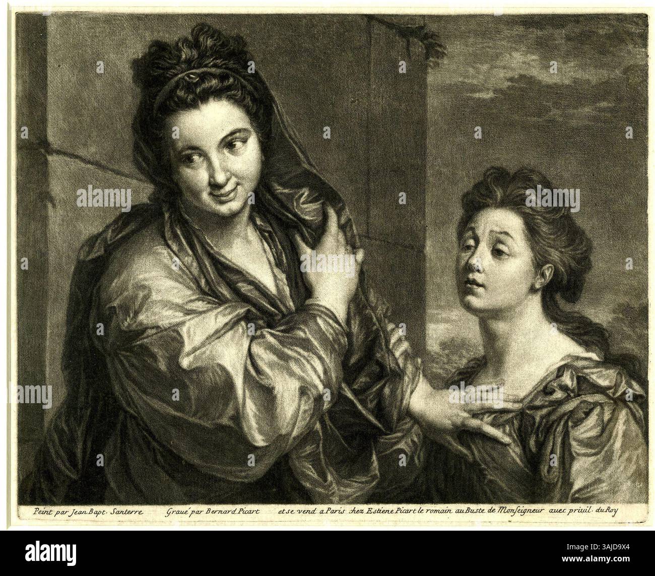 Bernard Picarts Mezzotint nach Jean-Baptiste Santerres Gemälde „Les Curieuses“ (1701) zeigt zwei Frauen, die sich in einer seltsamen Interaktion engagieren, wobei die eine scheinbar die andere wegschiebt, während sie woanders hinschaut. Dieser Druck spiegelt die künstlerischen Empfindlichkeiten des 18. Jahrhunderts in Frankreich wider. Stockfoto