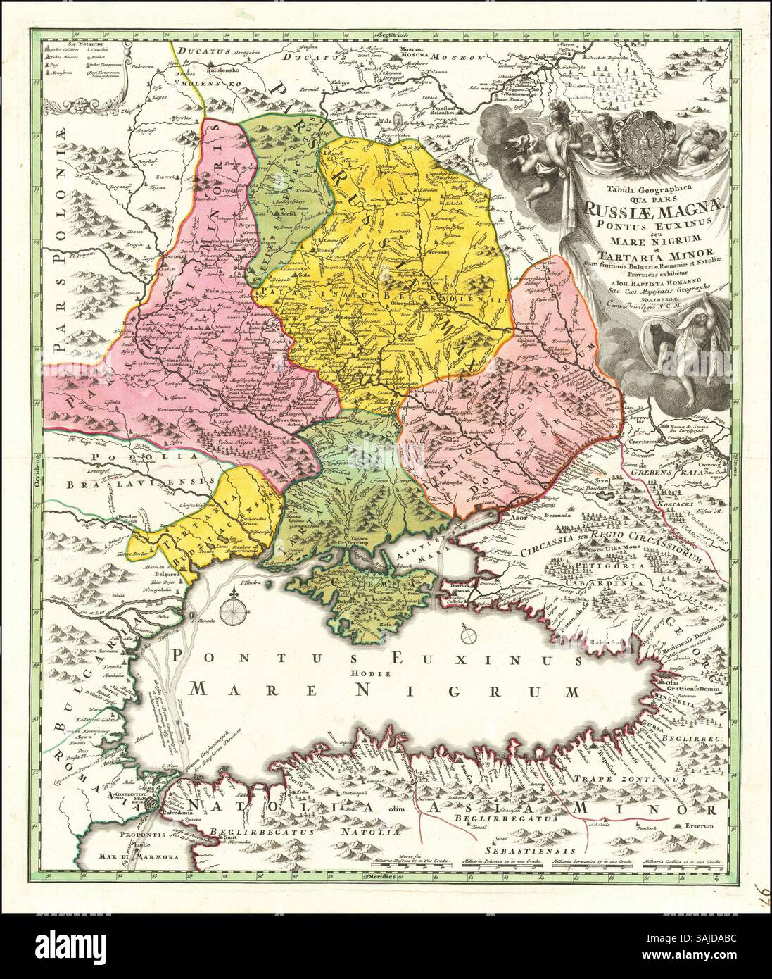Johann Baptist Homanns Karte aus dem Jahr 1720 zeigt die Schwarzmeerregion einschließlich Teilen Russlands, Bulgariens, Rumäniens und der Türkei. Stockfoto