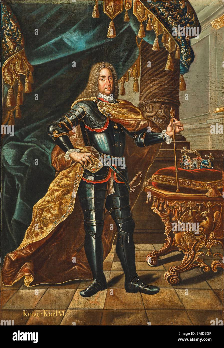 Porträt von Kaiser Karl VI., erstellt um 1730. Das Gemälde zeigt ihn in voller Rüstung, geschmückt mit dem Orden vom Goldenen Vlies, begleitet von der kaiserlichen Krone und dem Orden, was seinen kaiserlichen Status unterstreicht. Stockfoto