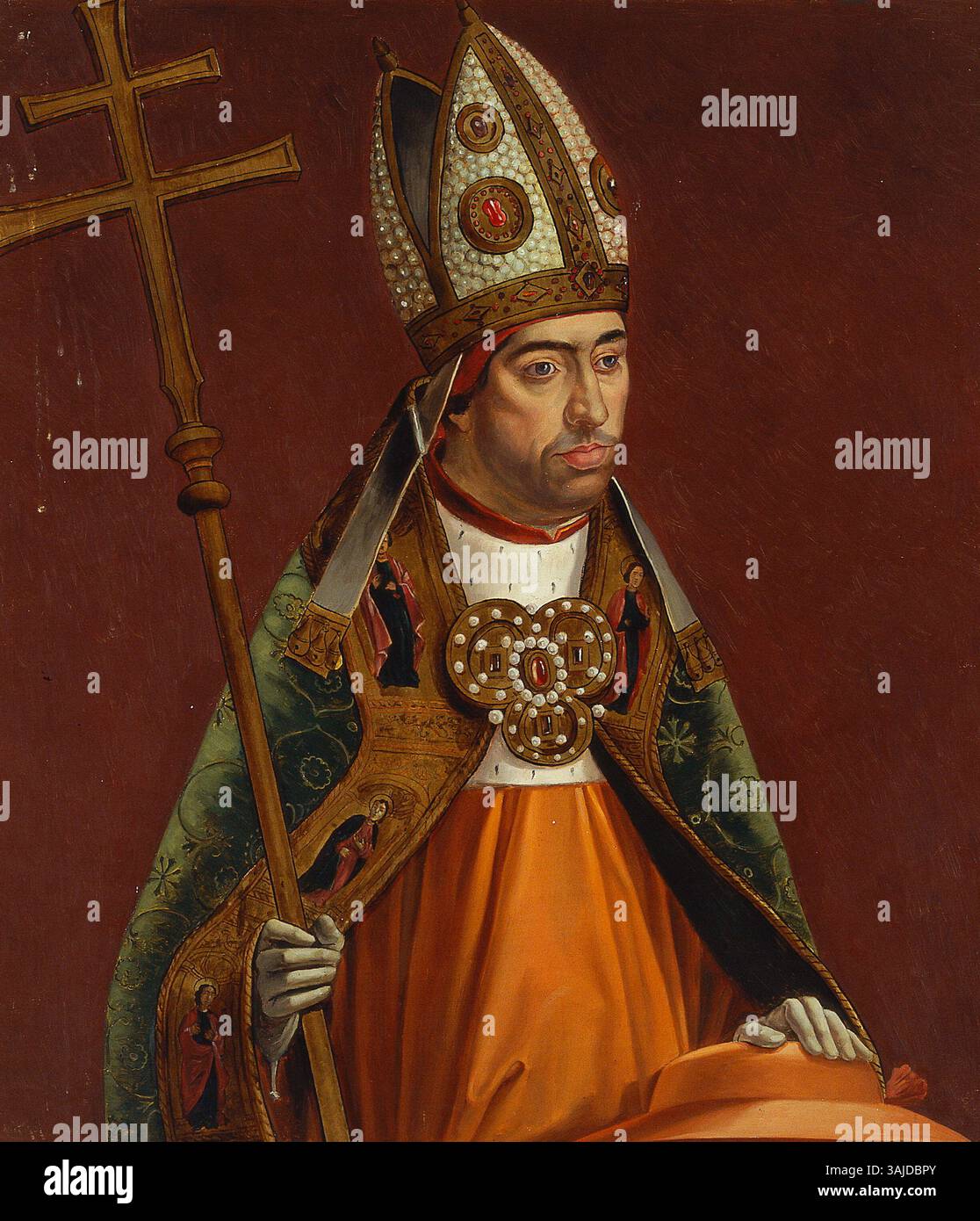 Dieses Gemälde von Matías Moreno aus dem Jahr 1877 zeigt Pedro González de Mendoza (1428–1495), einen prominenten spanischen Kardinal und Bischof. Das Porträt ist eine Kopie eines früheren Werkes von Juan de Borgoña aus dem 19. Jahrhundert. Stockfoto