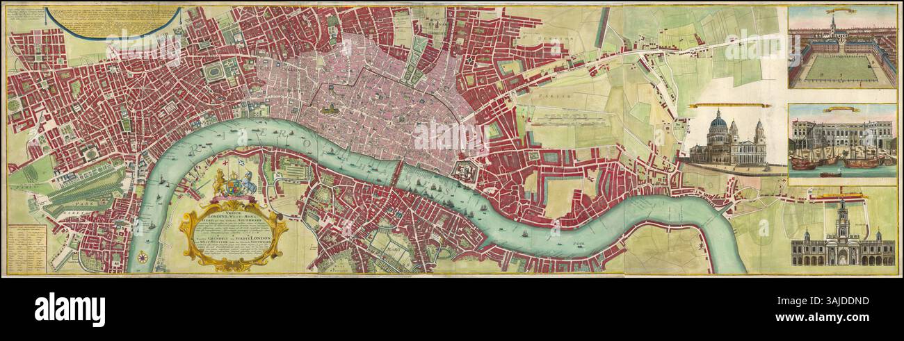 Eine 1736 von Homannsche Erben erstellte Karte von London, die die Straßen und Wahrzeichen der Stadt im 18. Jahrhundert darstellt. Die Karte spiegelt das geografische Layout und die wichtigsten Merkmale Londons der damaligen Zeit wider. Stockfoto