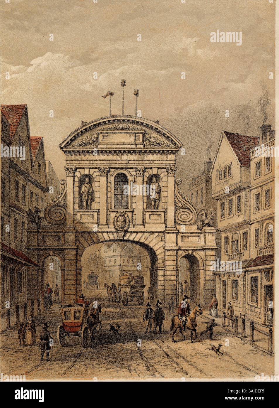 Illustration von James Holbert Wilson von Temple Bar, wie es zu Beginn des 18. Jahrhunderts erschien, aus seinem 1853 erschienenen Werk Temple Bar: The City Golgotha, das Kriminalgeschichte darstellt. Stockfoto