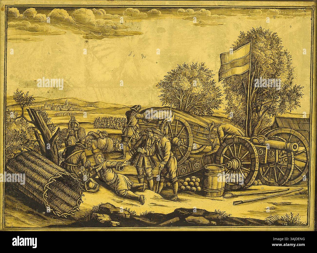 Ein weiteres Werk von Daniel und Ignaz Preissler führt das Thema des spanischen Erbfolgekrieges nach Georg Philipp Rugendas’ Kupferstichen fort. Das Werk ist in Eklomisé mit Blattgold auf schwarz gerahmt und 22 x 28 cm groß, aus der Kronstädter Werkstatt. Stockfoto Ein weiteres Werk von Daniel und Ignaz Preissler führt das Thema des spanischen Erbfolgekrieges nach Georg Philipp Rugendas’ Kupferstichen fort. Das Werk ist in Eklomisé mit Blattgold auf schwarz gerahmt und 22 x 28 cm groß, aus der Kronstädter Werkstatt. Stockfoto