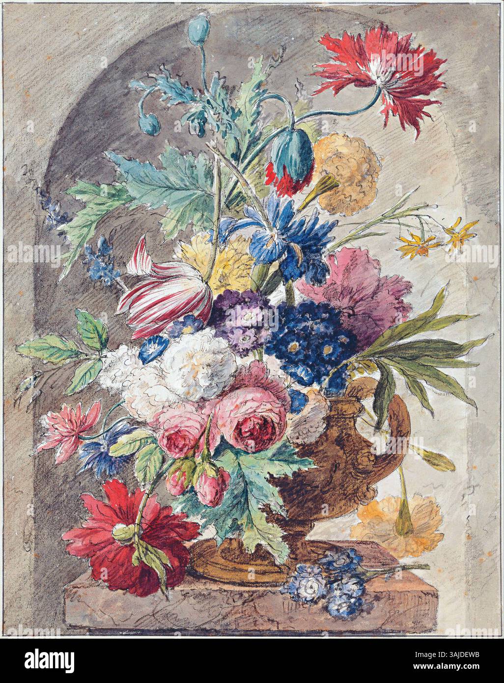 Blumenstillleben von Jan van Huysum, um 1734. Die Zeichnung verwendet schwarze Kreide, Stift und braune Tinte mit Aquarell. Es spiegelt Huysums Beherrschung der botanischen Darstellung wider. Stockfoto