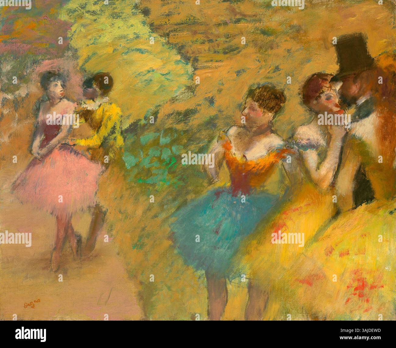Edgar Degas *Danseuses (Les coulisses de l'Opéra)* (1886) fängt Tänzer hinter der Bühne der Pariser Oper ein. Dieses Öl auf Leinwand zeigt Degas Beherrschung von Bewegung und Licht und stellt die Tänzer in einem offenen, intimen Moment dar, der für seine späteren Werke charakteristisch ist. Stockfoto