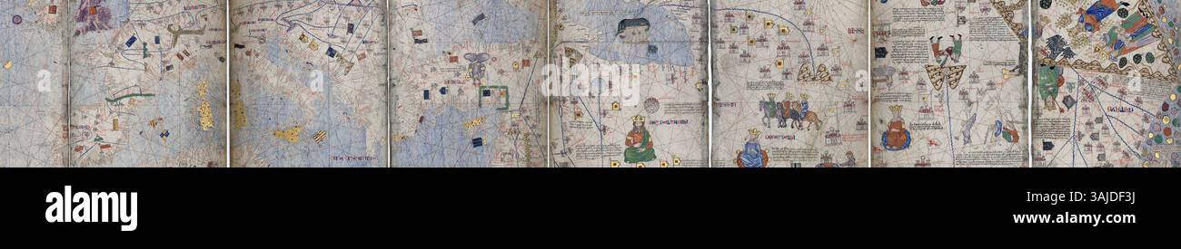 Der katalanische Atlas von 1375, der Abraham Cresques (1325–1387) zugeschrieben wird, ist eine Weltkarte auf Pergament. Diese beleuchtete Handschrift, die in der Bibliothèque nationale de France ausgestellt wird, zeigt die bekannte Welt des 14. Jahrhunderts auf Katalanisch. Stockfoto