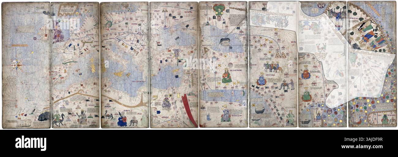 Die Region Cathay (China), wie im katalanischen Atlas von 1375 dargestellt, spiegelt die mittelalterliche europäische Wahrnehmung des Fernen Ostens unter dem mongolischen Reich wider. Stockfoto