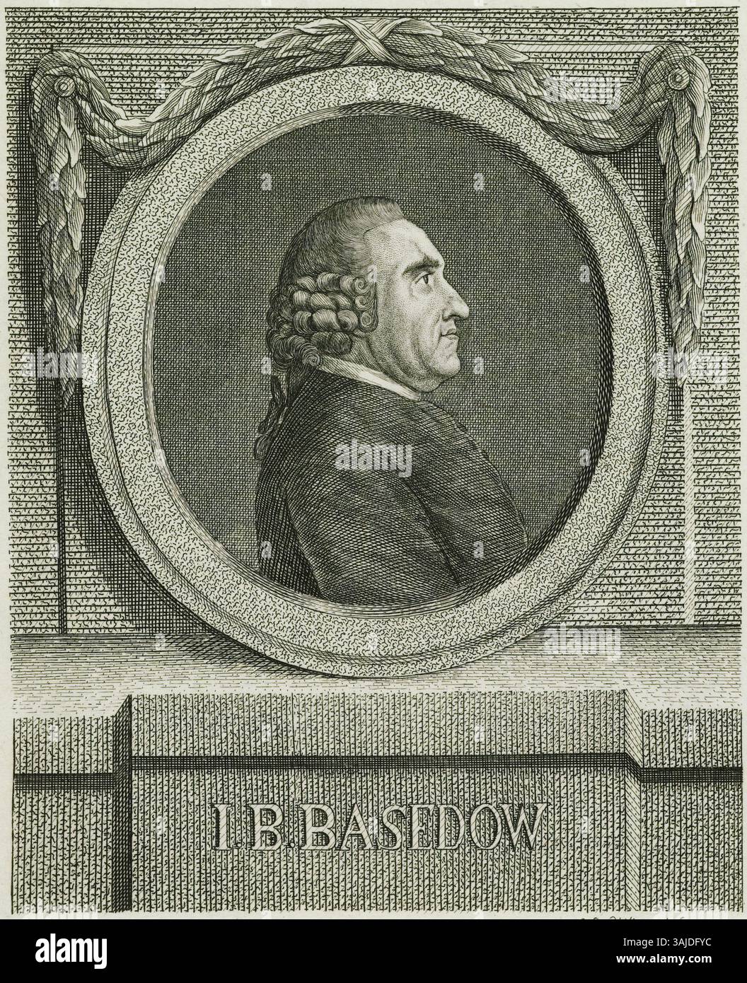 Ein Kupferstich-Porträt von Johann Bernhard Basedow, erstellt von Johanna Dorothea Philipp 1775. Sie ist Teil der Sammlung der Staats- und Universitätsbibliothek Hamburg. Stockfoto