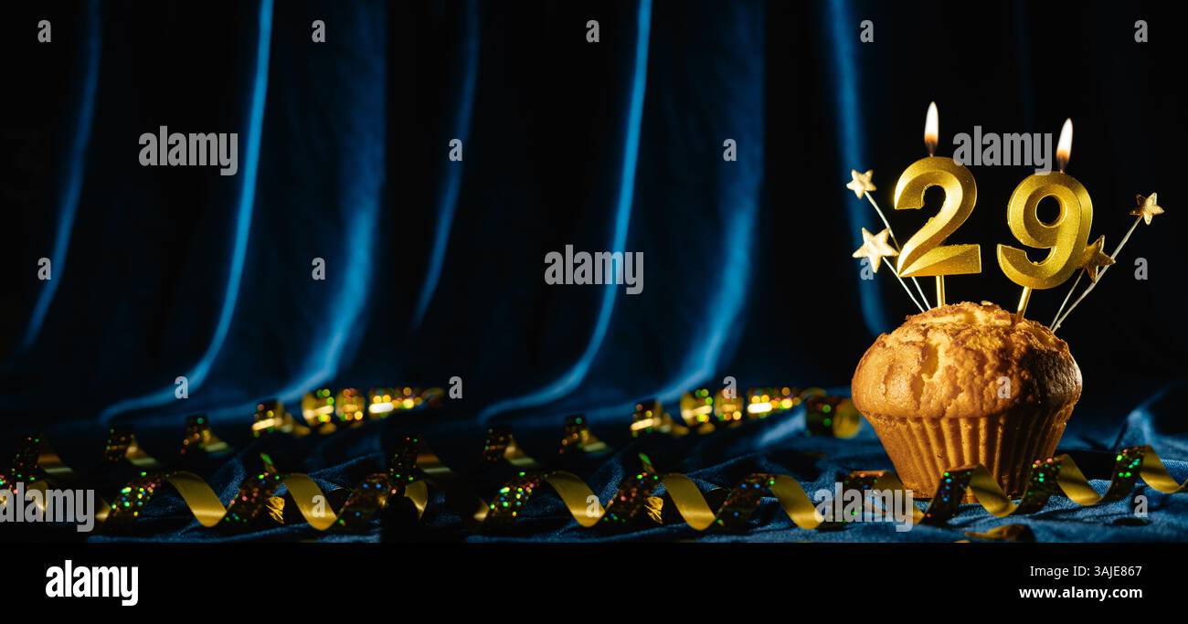 Coming Age Party 29. Geburtstag. Schokoladen-Cupcake mit neunundzwanzig Kerze auf samtblauem Hintergrund. Banner Stockfoto