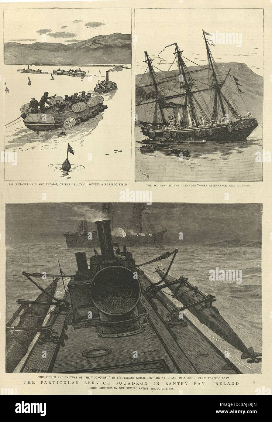 Britische Kriegsschiffe der Royal Navy, besondere Dienstgeschwader in Bantry Bay, Irland, 1885, Vintage Illustration 19. Jahrhundert Stockfoto
