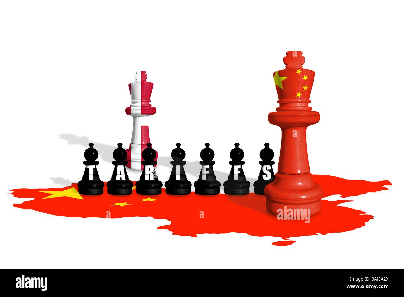 Schach aus Dänemark und China-Flaggen. Handel, Zölle, Zölle und Zollkrieg in Europa und China Stockfoto