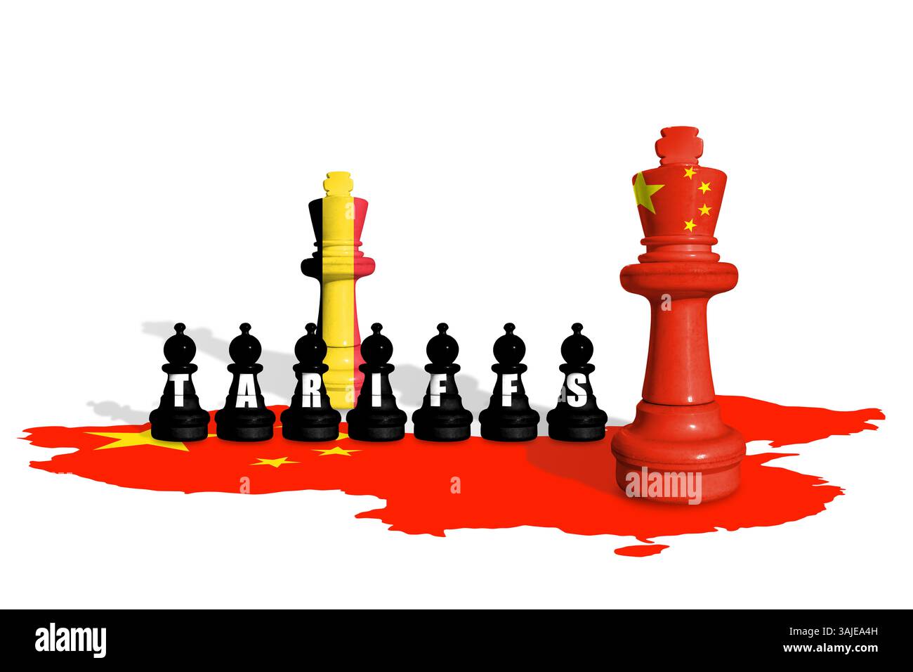 Schach aus Belgien und China-Flaggen. Handel, Zölle, Zölle und Zollkrieg in Europa und China Stockfoto