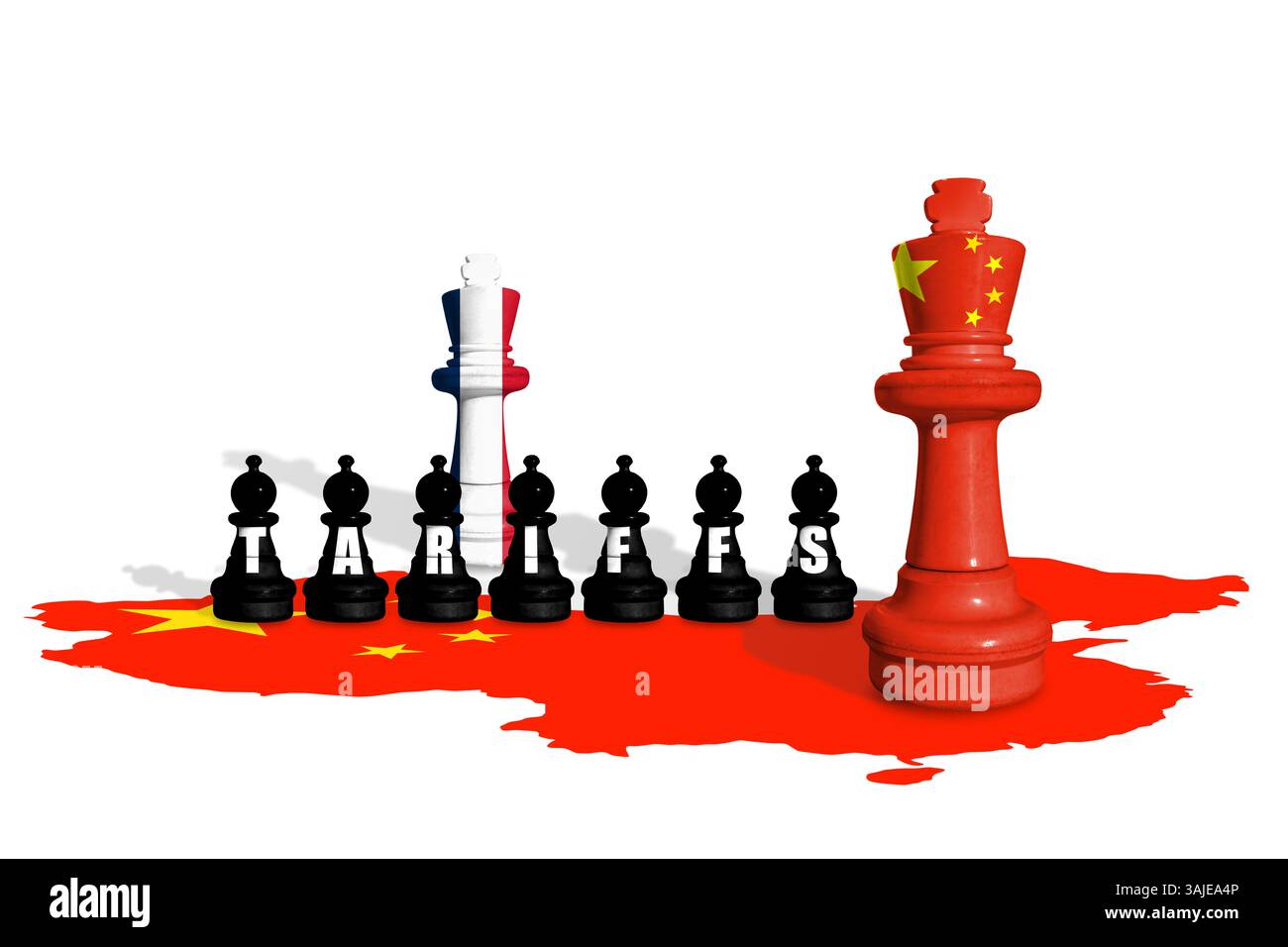 Schach aus Frankreich und China-Flaggen. Handel, Zölle, Zölle und Zollkrieg in Europa und China Stockfoto