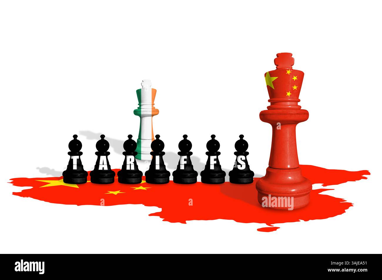 Schach aus irischen und chinesischen Flaggen. Handel, Zölle, Zölle und Zollkrieg in Europa und China Stockfoto